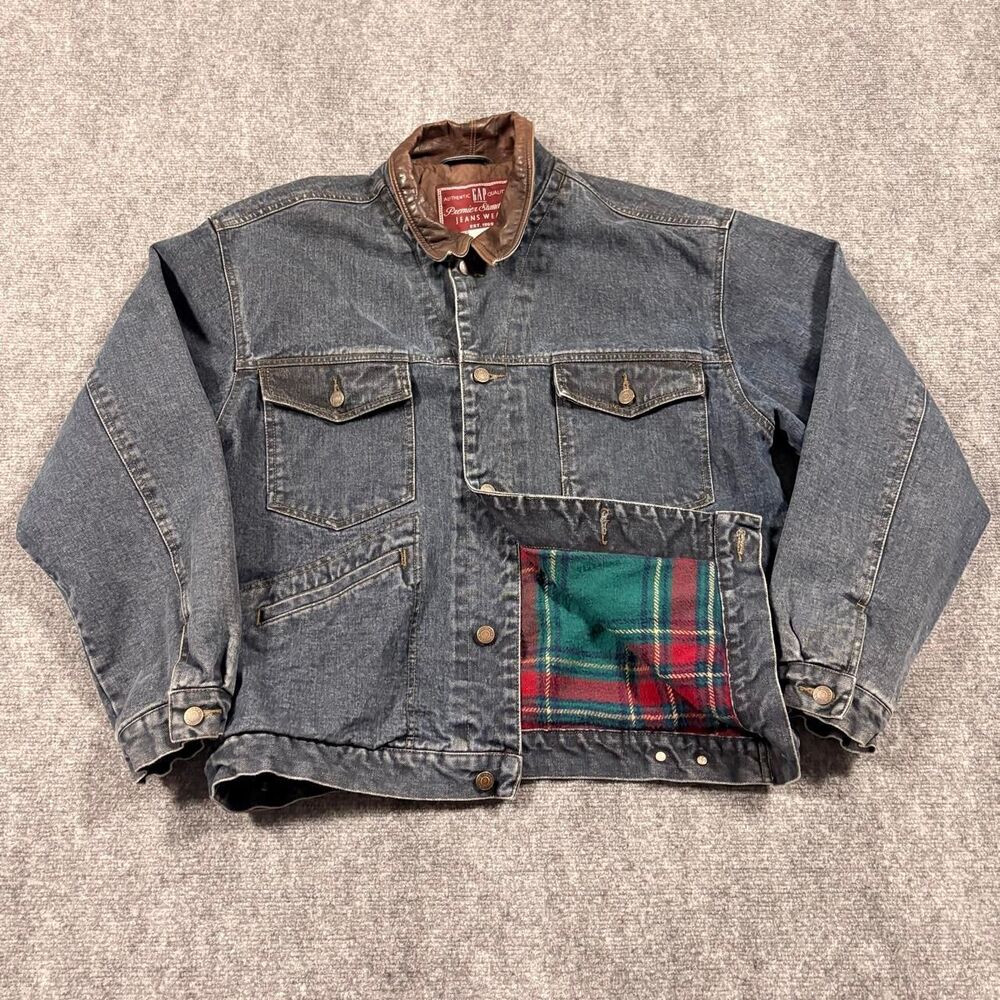 vintage 90s gap plaid blanket lined button up denim jacket with leather collar